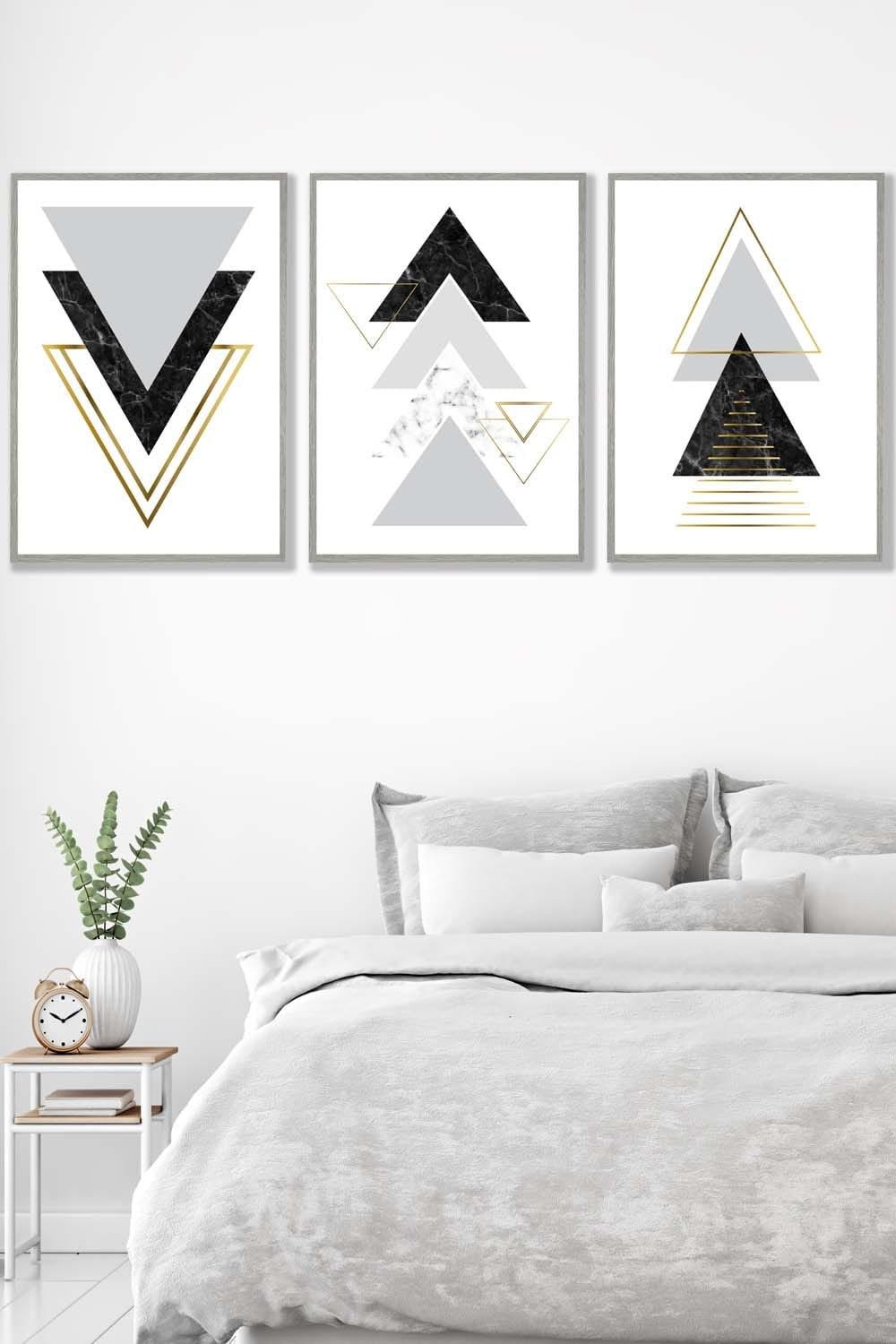 Black Grey Geometric Triangle Set Framed Wall Art - Large